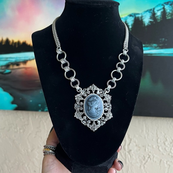 Stainless steel necklace double wheat chain blue grey cameo - Picture 7 of 11
